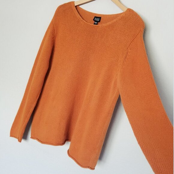 Eileen Fisher 100% Cotton Knit Round Neck Pullover Sweater Size L Coastal Orange - Picture 8 of 13